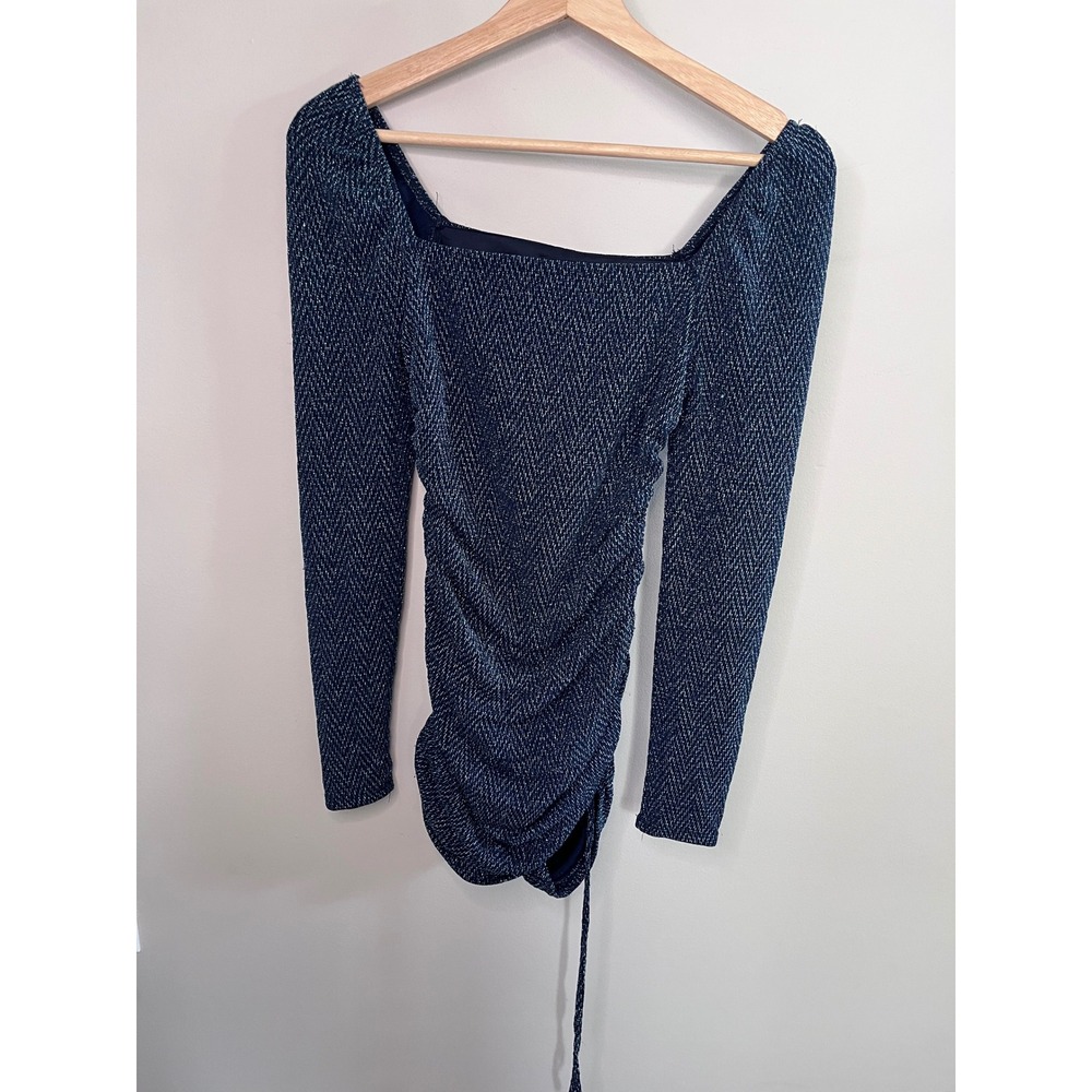 Live To Be Spoiled Metallic Ruched Bodycon Dress Blue Sparkle Square Neck Small